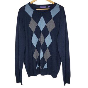 Alan Flusser XL Wool Blend Navy Blue Argyle Pullover V-Neck Men's Sweater‎